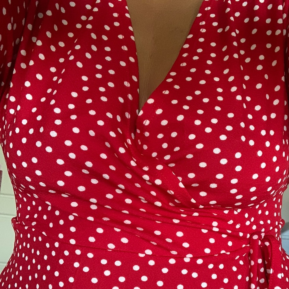 L POSH WOMENS RED WHITE POLKA DOT WRAP DRESS